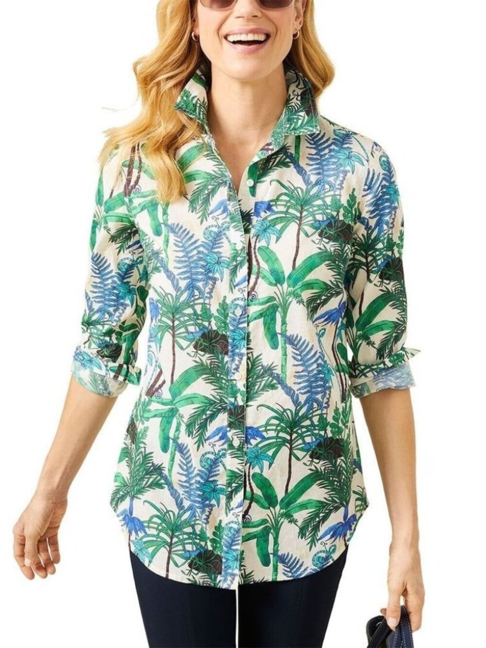 J. McLaughlin Shirt Lois Palm Forest Button-Up Blue Green Tropical Cotton Size S